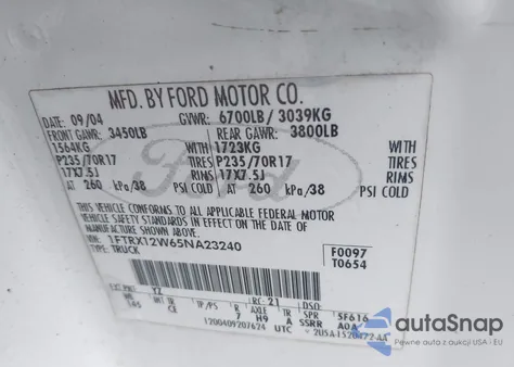 2005 Ford F-150 Stx/Xl/Xlt z USA, uszkodzony, nr VIN 1FTRX12W65NA23240